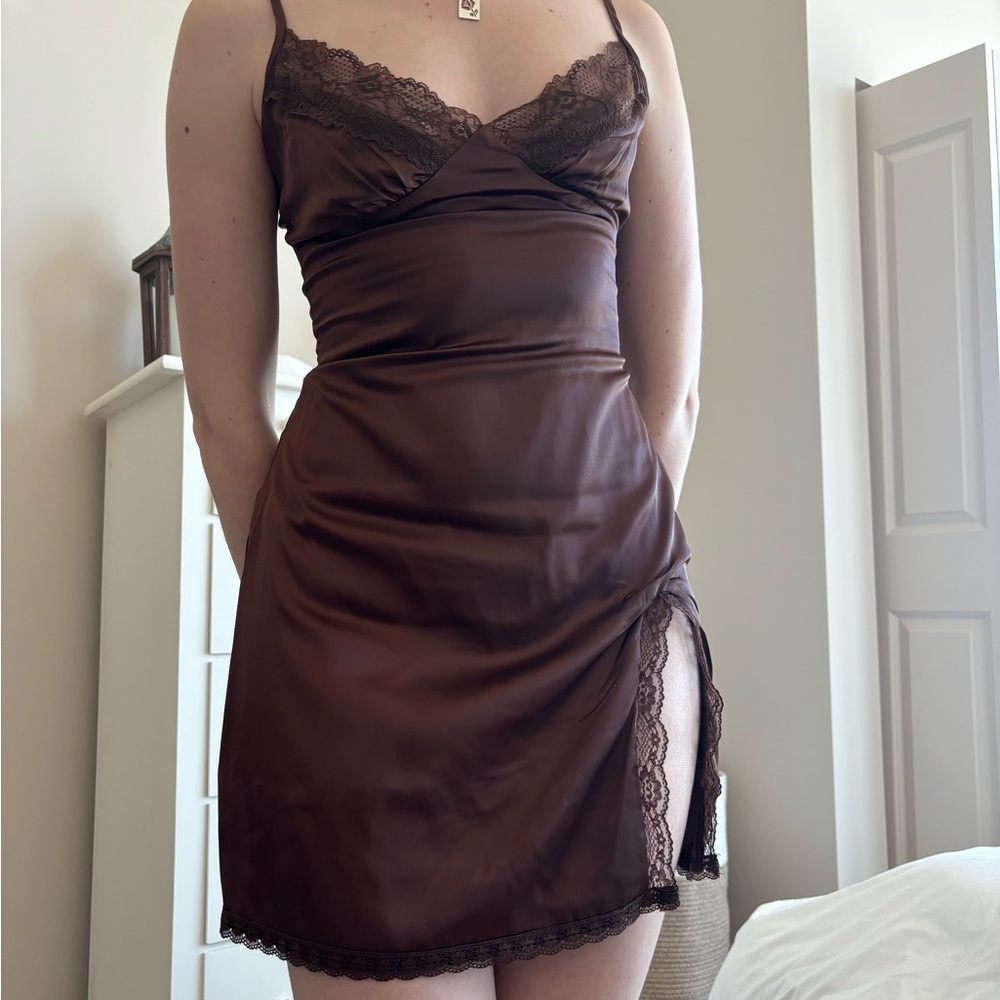 Peppermayo Chocolate Lace Slip Dress